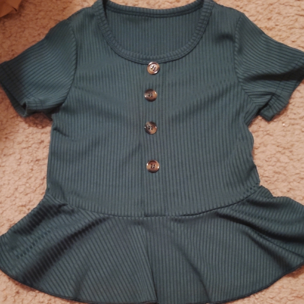 SHEIN Girl's Teal Ribbed Peplum Top with Buttons And Bottoms Set 4T
